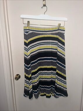 DKNY Navy, White & Yellow Striped A-Line Skirt